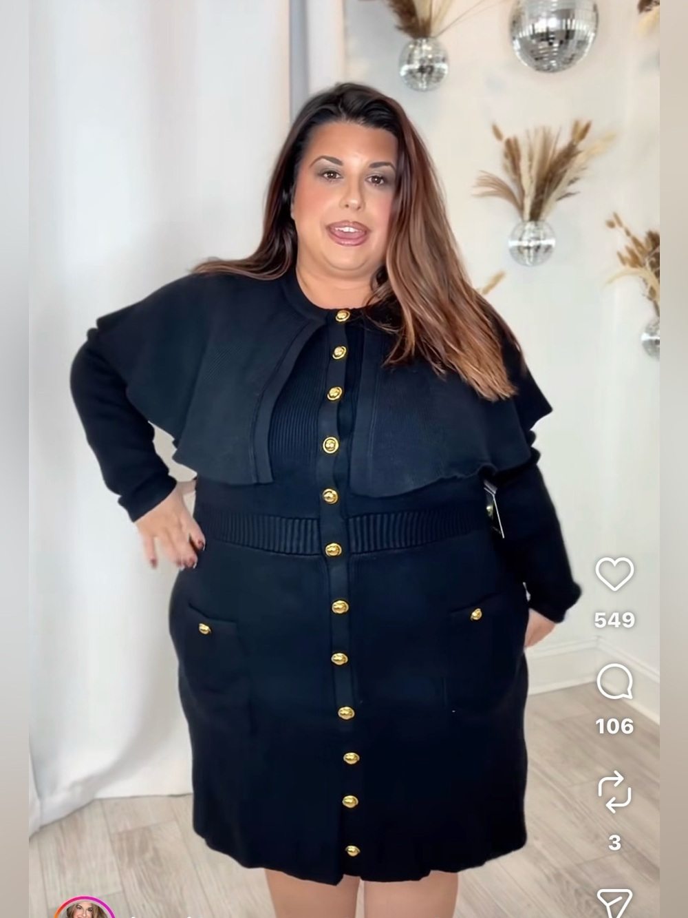 Plus Size Black Button Front Cape Mini Sweater Dress